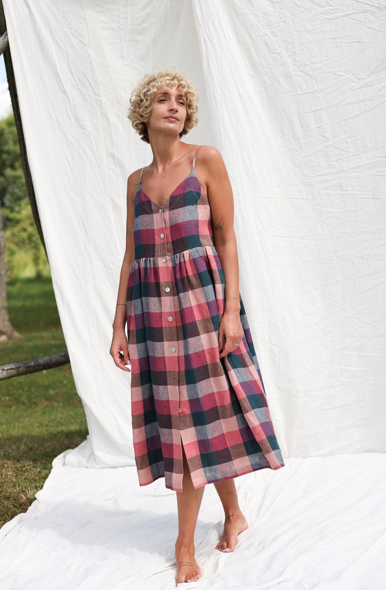 Adjustable straps checks linen dress ELOISE / OFFON Clothing image 8