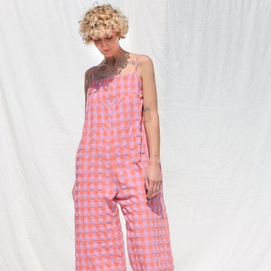 Spaghetti strap jumpsuit in seersucker checks cotton ADA • OFFON CLOTHING