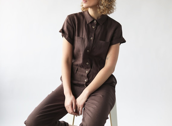 Linen Short Sleeve Coverall Jumpsuit / OFFON CLOTHING 