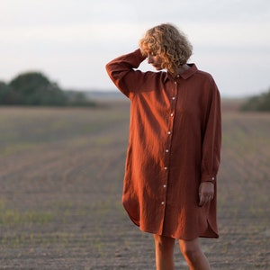 Linen oversized shirt dress / Long sleeve linen shirt dress in redwood / OFFON CLOTHING image 6