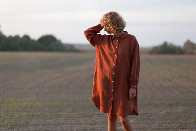 Linen oversized shirt dress / Long sleeve linen shirt dress in redwood / OFFON CLOTHING image 6