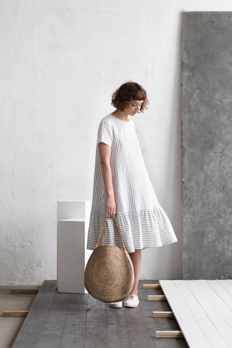 Striped linen dress / Loose linen dress / Short sleeve linen dress Handmade by OFFON CLOTHING image 5