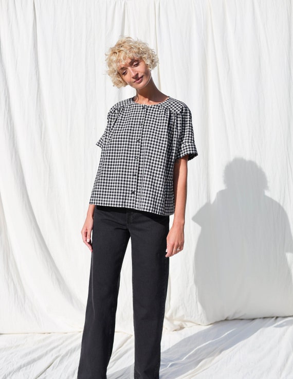 Loose Short Sleeve Gingham Blouse ACEL • OFFON CLOTHING - Etsy
