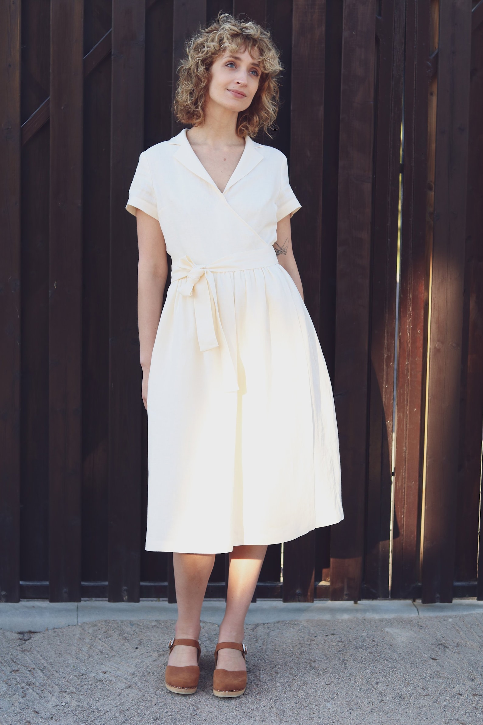 Linen Revere Collar Wrap Dress in Ivory / OFFON CLOTHING - Etsy