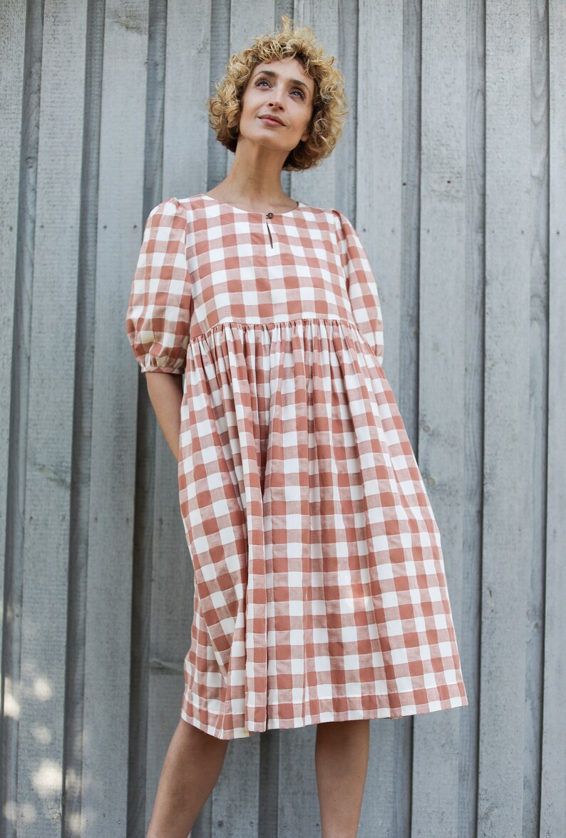 Puff sleeve plaid cotton midi dress / OFFON Clothing | Etsy