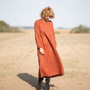 Linen dress in redwood / Maxi linen dress /OFFON CLOTHING