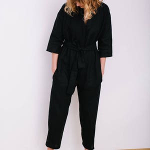 Black Jumpsuit Linen Overall Linen Jumpsuit Linen Romper Women Overall Handmade by OFFON image 4