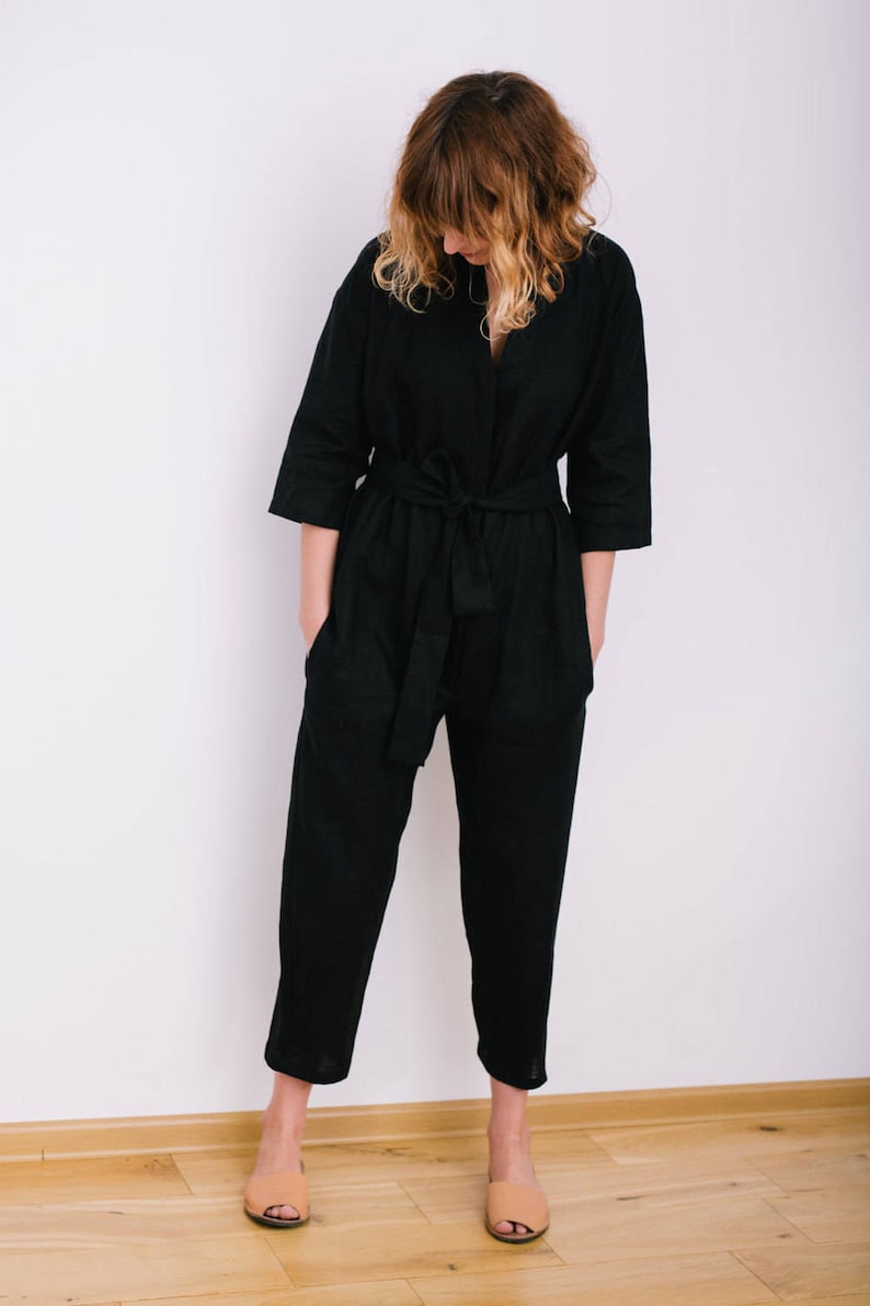 Black Jumpsuit Linen Overall Linen Jumpsuit Linen Romper Women Overall Handmade by OFFON image 4