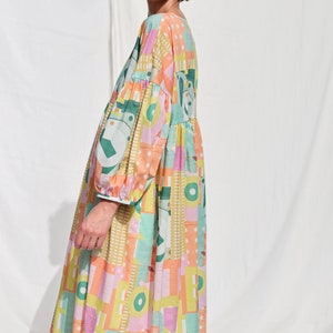 Oversized voluminous sleeves abstract print silky cotton dress GRETA OFFON CLOTHING zdjęcie 5