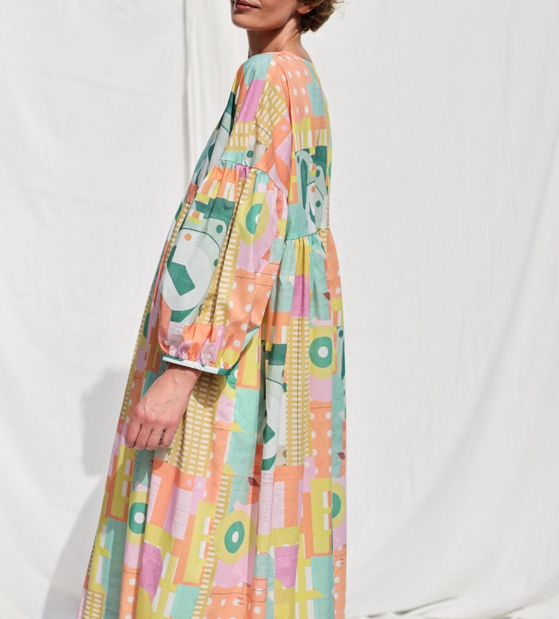 Oversized voluminous sleeves abstract print silky cotton dress GRETA OFFON CLOTHING zdjęcie 5