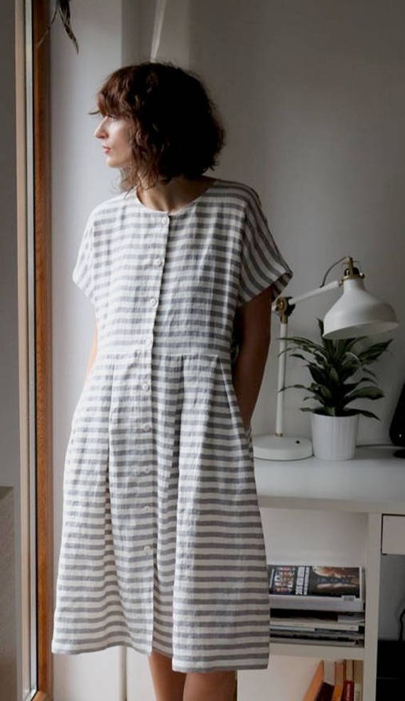 Short Sleeve Striped Linen Dress button up Dress handmade by OFFON Etsy