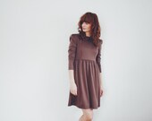 Brown Jersey Dress - Midi Dress - Peter Pan Collar Dress - Vintage Dress - Handmade by OFFON