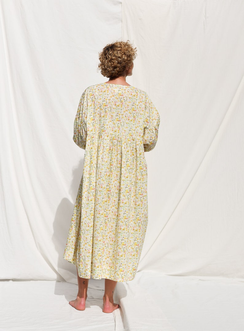 Oversized voluminous sleeves floral print silky cotton dress GRETA OFFON CLOTHING zdjęcie 4