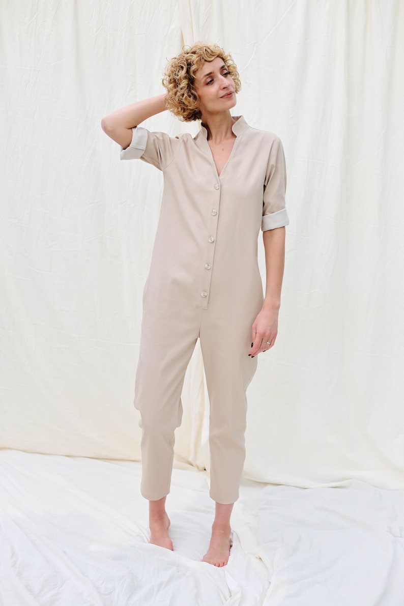 Relaxed Fit Denim Jumpsuit in Beige Offon Clothing - Etsy