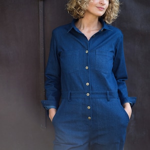 Denim relaxed silhouette jumpsuit / Denim long sleeve coverall / OFFON CLOTHING image 7