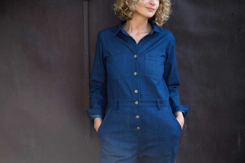 Denim relaxed silhouette jumpsuit / Denim long sleeve coverall / OFFON CLOTHING image 7