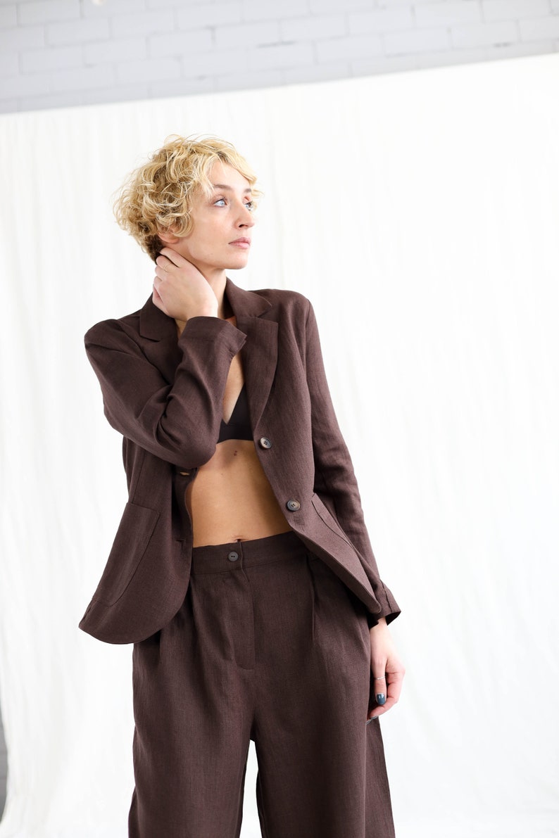 Elegant linen two pieces suit / Blazer and palazzo trousers linen set OFFON Clothing zdjęcie 7