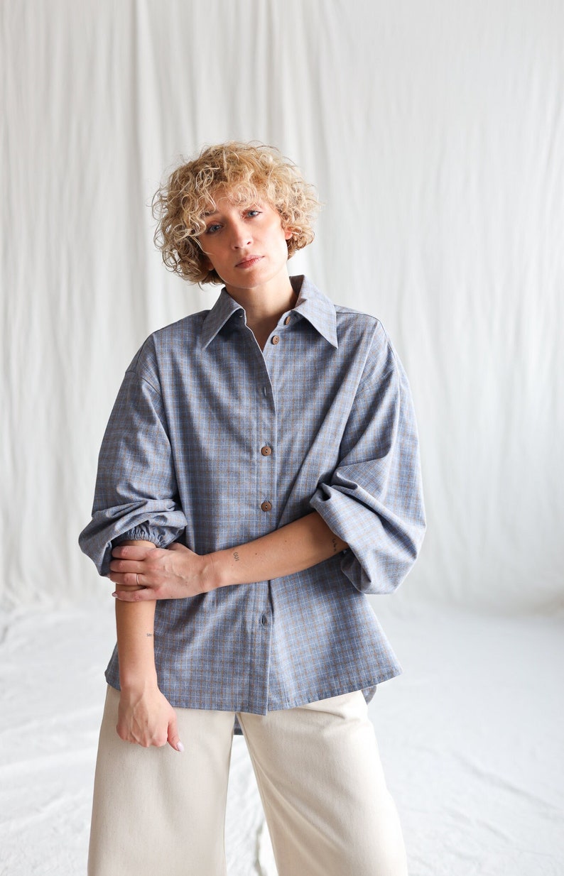 Light blue brushed plaid cotton oversized shirt ELIAN OFFON CLOTHING image 1