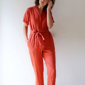 Linen Jumpsuit In Burnt Orange Short Sleeve Romper Linen Overall Handmade by OFFON image 6
