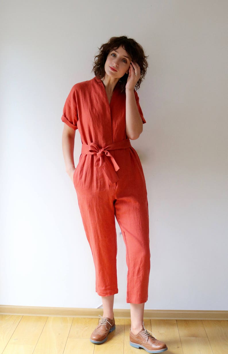 Linen Jumpsuit In Burnt Orange Short Sleeve Romper Linen Overall Handmade by OFFON image 6