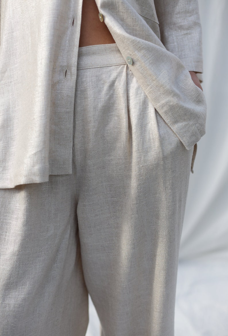 Silver metallic linen and viscose wide leg palazzo pants OFFON Clothing zdjęcie 6
