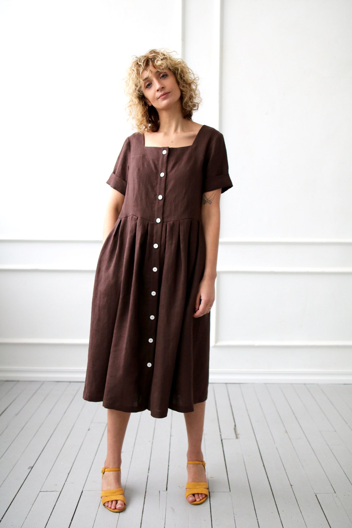 Linen dress in chocolate brown color / OFFON Clothing | Etsy
