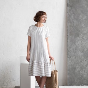 Striped linen dress / Loose linen dress / Short sleeve linen dress Handmade by OFFON CLOTHING image 4