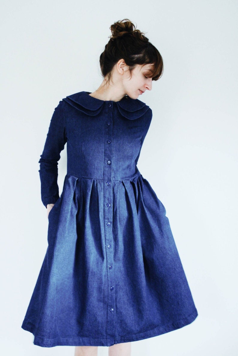 Denim Dress Indigo Dress Double Collar Dress Full Gathered Skirt Dress Handmade by OffOn image 1