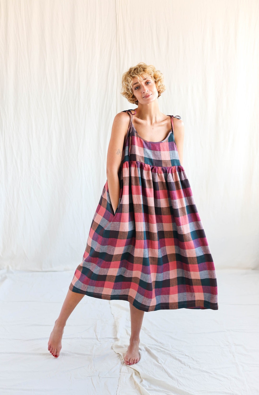 Loose Tie Strap Linen Sundress in Checks Handmade by OFFON Clothing - Etsy