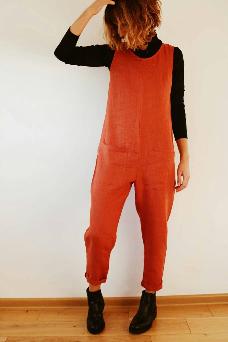Burnt Orange Linen Jumpsuit Overall Linen Romper Organic Etsy
