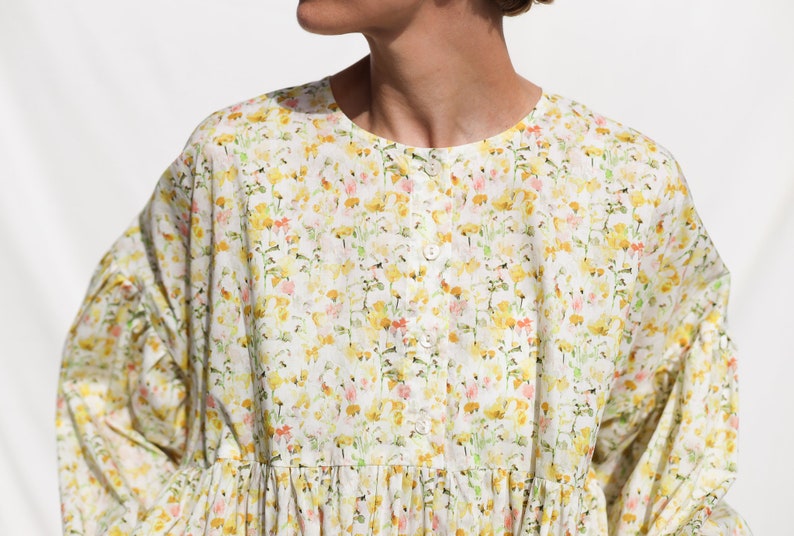 Oversized voluminous sleeves floral print silky cotton dress GRETA OFFON CLOTHING zdjęcie 10