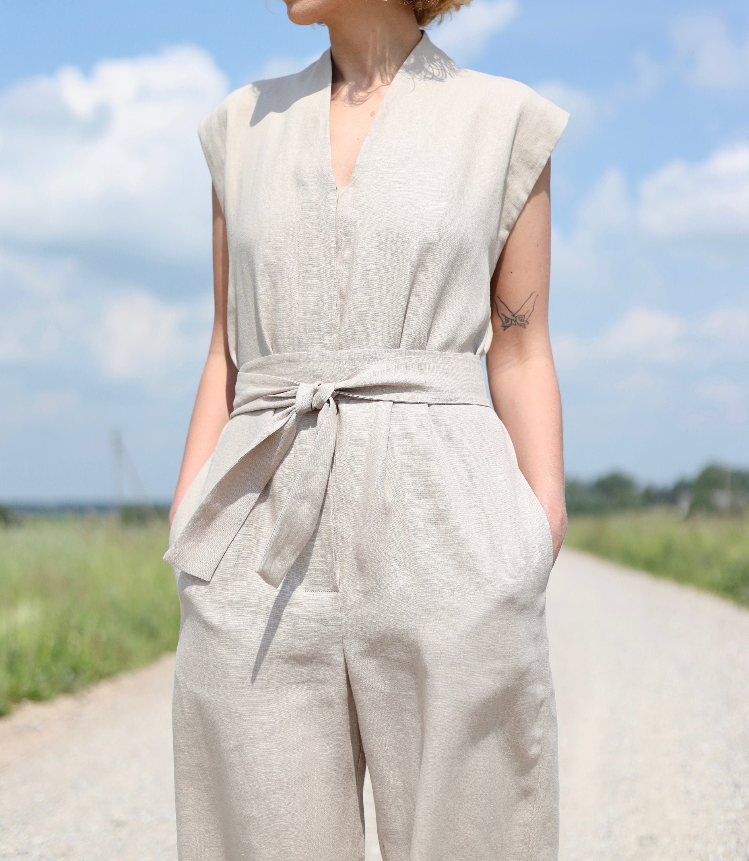 Ayelin Jumpsuit - Linen Look Relaxed 3/4 Sleeve Jumpsuit in Cream