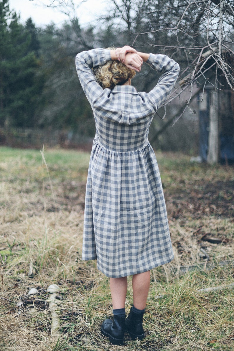 Linen checkered dress / Linen button up MIDI dress / OFFON CLOTHING image 8