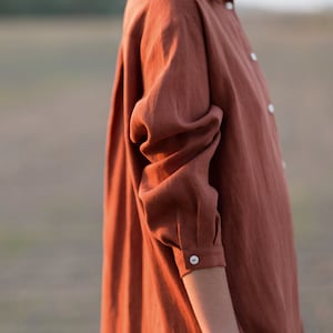 Linen oversized shirt dress / Long sleeve linen shirt dress in redwood / OFFON CLOTHING image 8