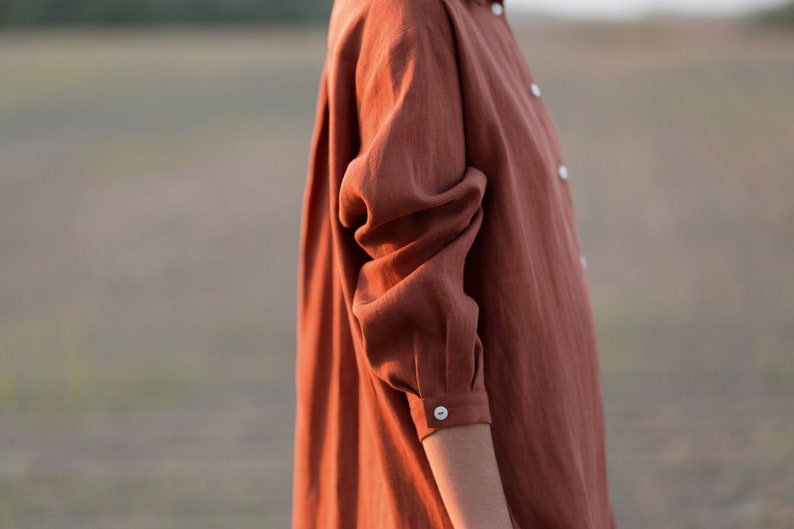 Linen oversized shirt dress / Long sleeve linen shirt dress in redwood / OFFON CLOTHING image 8