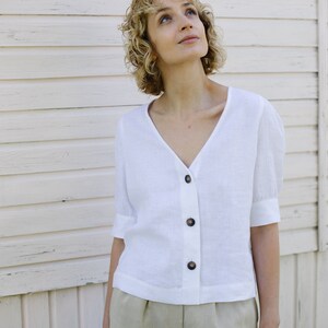Pistache Linen V Neck Short Sleeve Blouse- White