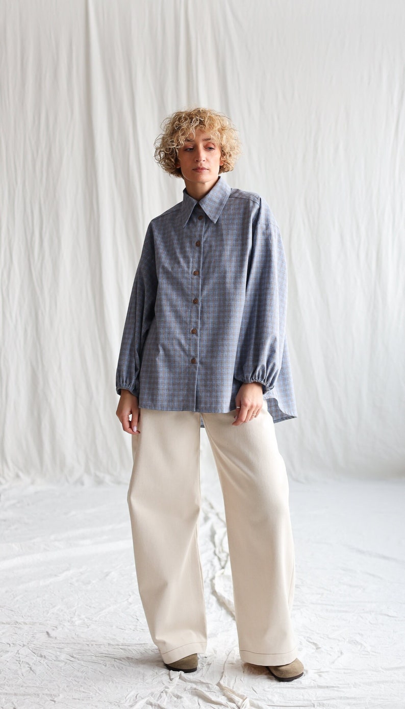 Light blue brushed plaid cotton oversized shirt ELIAN OFFON CLOTHING image 2