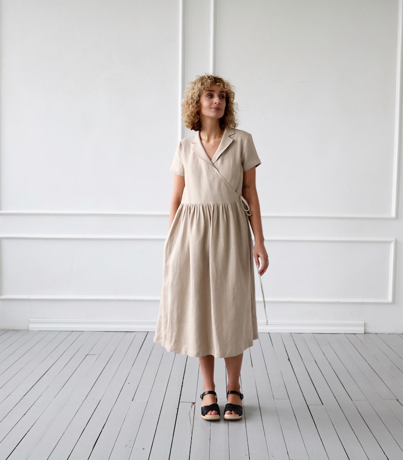 Ready to ship/Linen wrap dress/Belted linen short sleeve dress/OFFON CLOTHING image 3