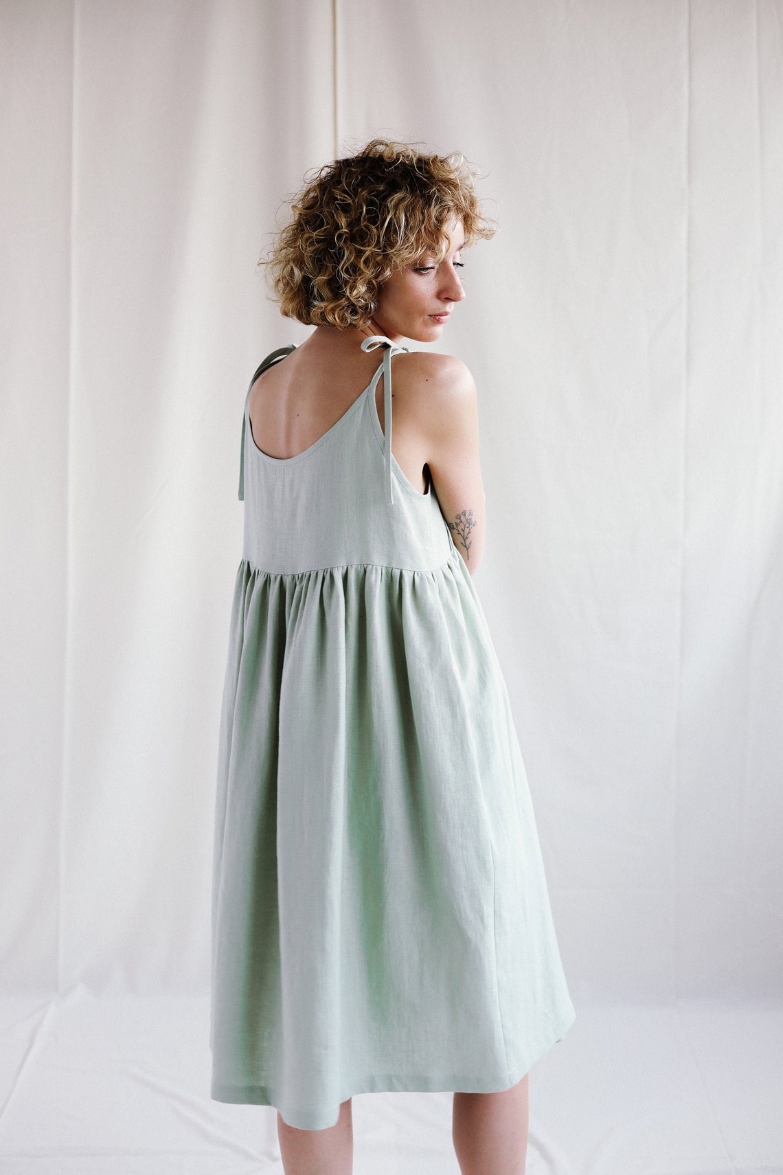 Loose linen dress in sage green color / Handmade by OFFON Etsy