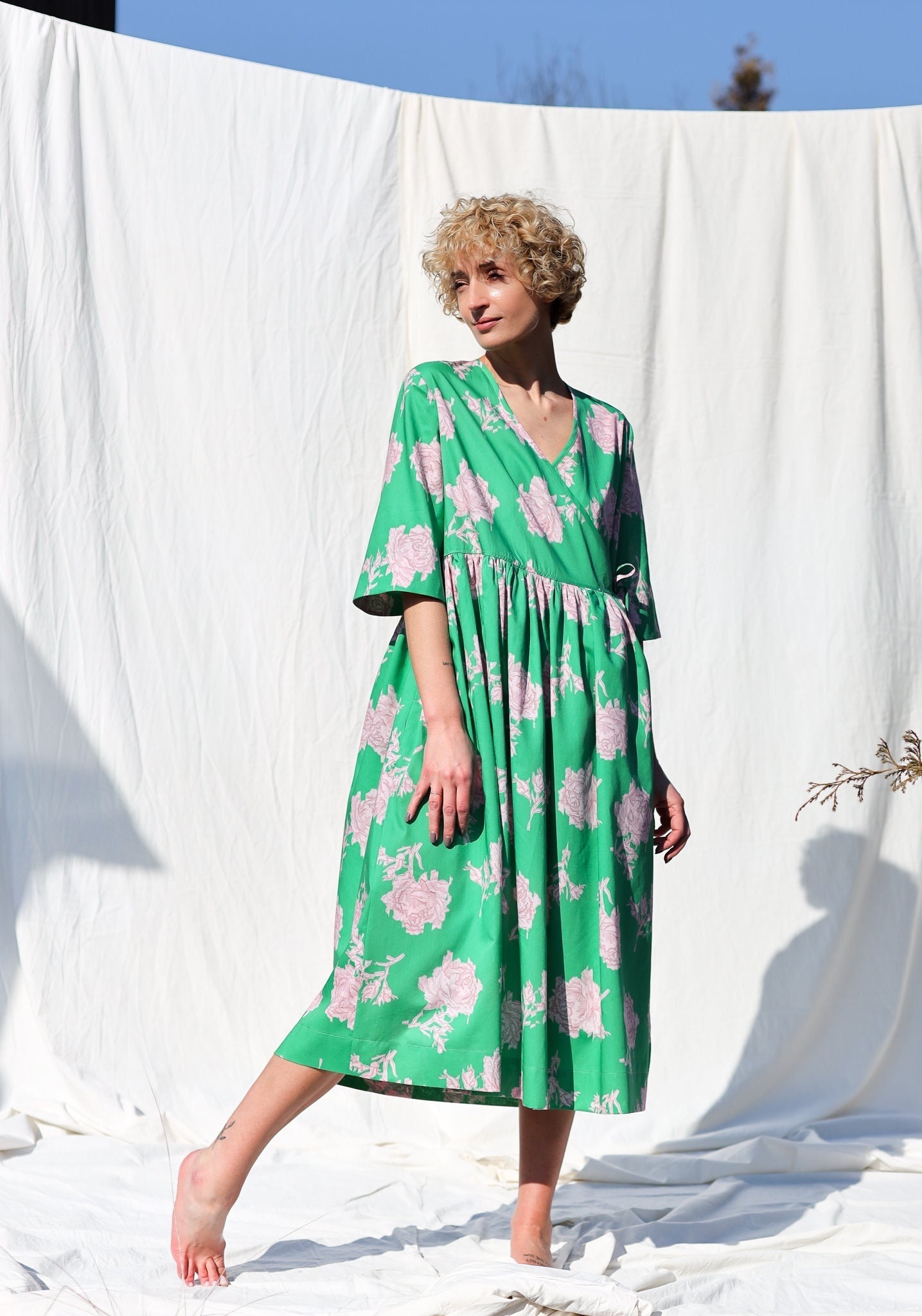 Loose flower print silky cotton wrap dress NANA / OFFON
