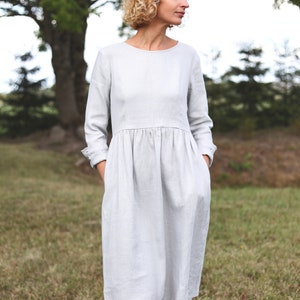 Grey Fitted Linen Dress / Linen Long Sleeve Midi Dress / Handmade by ...