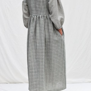 Gingham Linen Dress With Contrasting Striped Puffy Sleeves PERLA OFFON ...