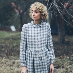 Linen checkered dress / Linen button up MIDI dress / OFFON CLOTHING image 2