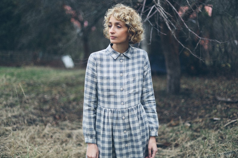 Linen checkered dress / Linen button up MIDI dress / OFFON CLOTHING image 2