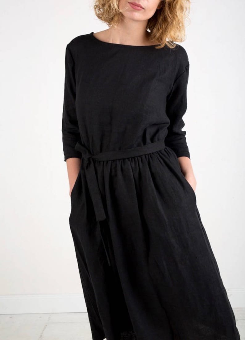Black Linen Tie Belt Dress - Linen Dress In Black - Available in 44 colors - Handmade by OFFON