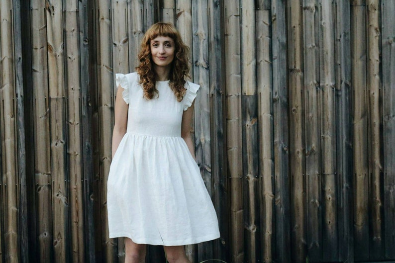 White Linen Dress - Linen Frill Sleeves Dress - Handmade by OFFON 