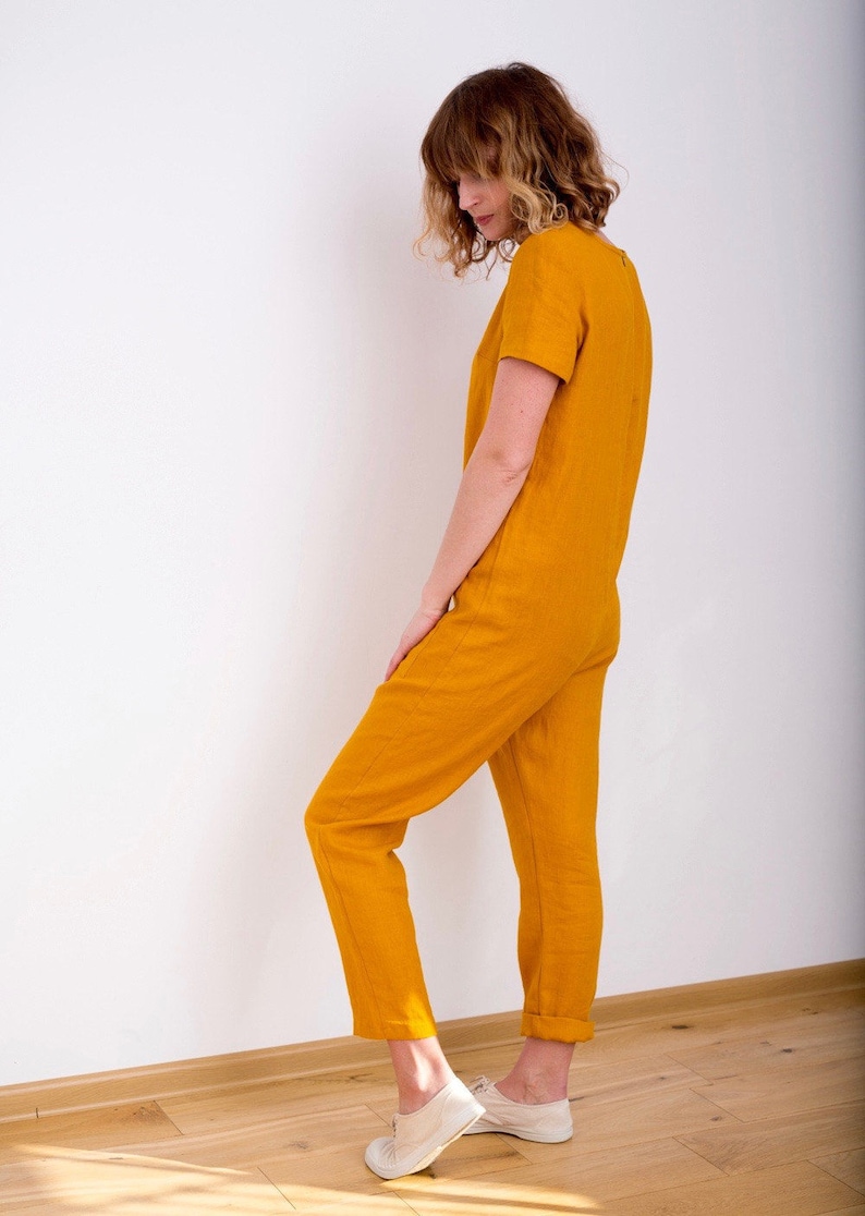 Leinen Jumpsuit Mustard Jumpsuit Kurzarm Jumpsuit Damen Etsy