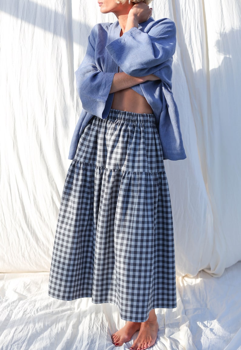 Checkered organic cotton tiered skirt with elasticated waist OFFON CLOTHING image 7