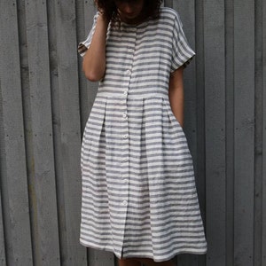 Short Sleeve Striped Linen Dress/button up Dress/handmade by - Etsy
