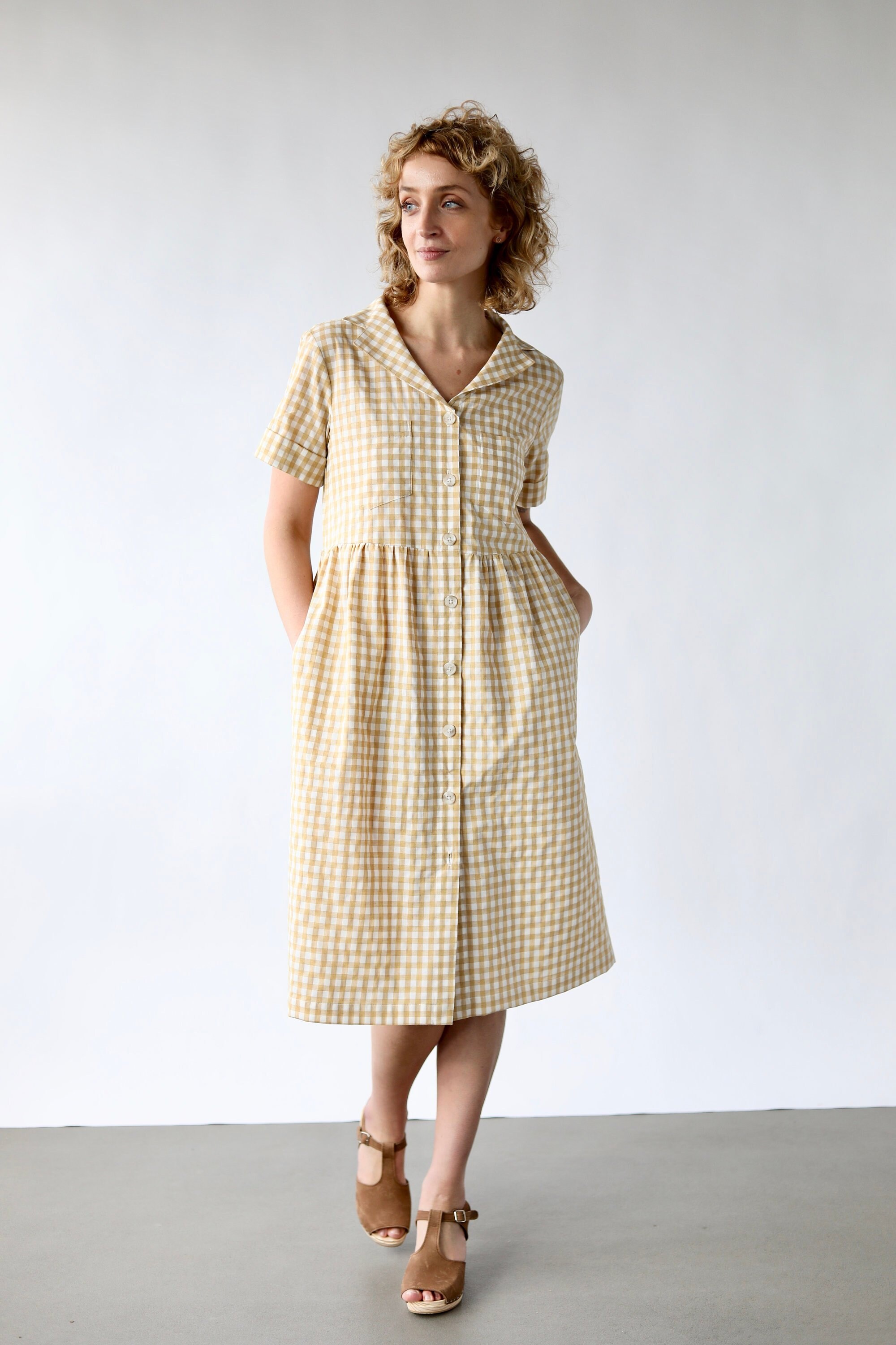 Checkered Cotton Short Sleeve Dress / Button up Check Dress / - Etsy ...